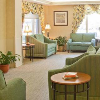 A cozy living room with green sofas and armchairs, complemented by traditional curtains and potted plants.