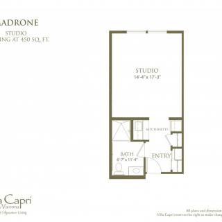 Studio apartment floor plan layout.