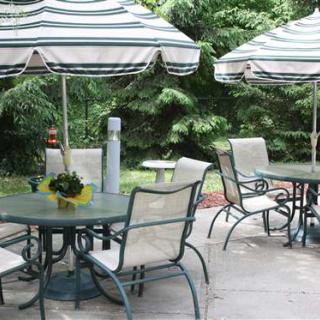 A peaceful outdoor patio setting with tables, chairs, and umbrellas surrounded by lush greenery.