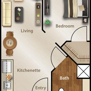 A compact apartment floor plan featuring a living room, bedroom, kitchenette, bathroom, and entryway.