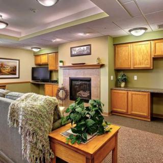 A cozy living room featuring a fireplace, television, and wooden cabinetry against green walls.
