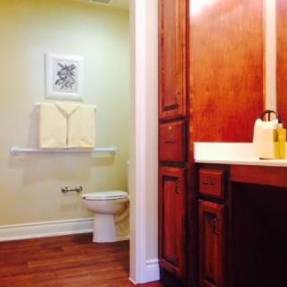 A clean and tidy bathroom with wooden cabinets and flooring.