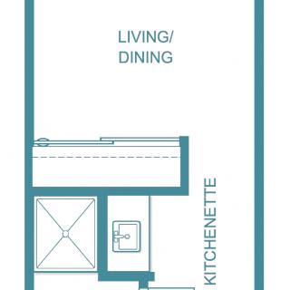 A floor plan of a studio apartment featuring a kitchenette and living/dining area.