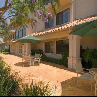 A sunny outdoor patio with tables and chairs under umbrellas, adjacent to a building surrounded by greenery.