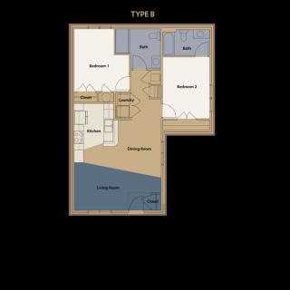 A detailed floor plan of a one-bedroom apartment, showing the arrangement of rooms including the bedroom, bathroom, kitchen, and living area.