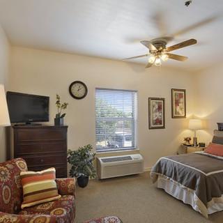 A cozy bedroom featuring a bed, armchair, television, and ceiling fan with natural lighting from the window.