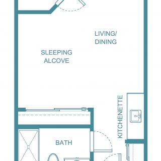 Floor plan of a studio apartment with a sleeping alcove, living/dining area, kitchenette, and bathroom.