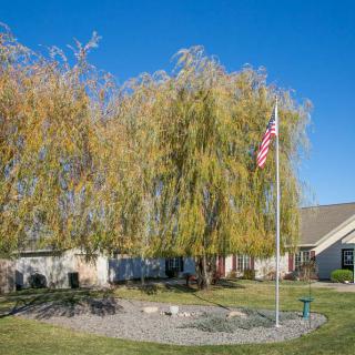 A house with a tree and an American flag in the yard on a clear day.