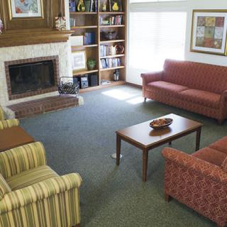 A cozy living room featuring a fireplace, sofas, chairs, a coffee table, and bookshelves.