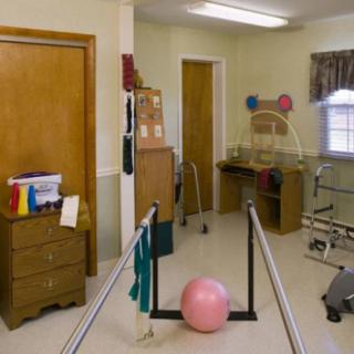A rehabilitation room equipped with parallel bars and an exercise ball for physical therapy.