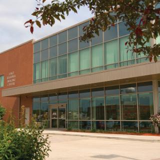 A modern brick building with large glass windows, surrounded by greenery.