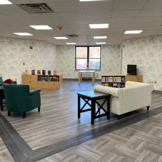 A modern lounge area with comfortable seating, bookshelves, and ample natural light.