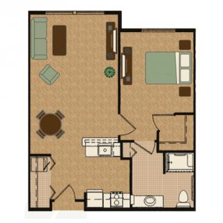 A floor plan of a one-bedroom apartment featuring a living room, kitchen, and bathroom.