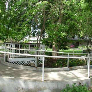An outdoor pathway featuring an accessibility ramp surrounded by lush greenery.