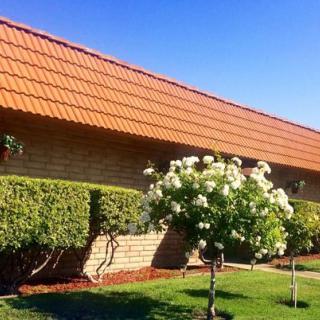 A well-maintained garden with blooming trees and shrubs in front of a brick building under a clear blue sky.