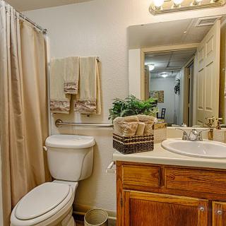 A well-organized bathroom featuring a vanity with a mirror, toilet, and shower curtain.