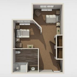 A 3D view of an apartment floor plan featuring two bedrooms and a living space.