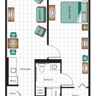 A floor plan of a one-bedroom apartment featuring a bathroom, kitchenette, and living area.