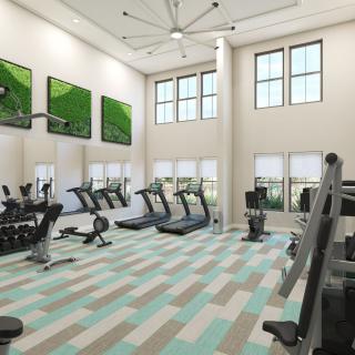 A modern gym with various exercise equipment and bright natural lighting.