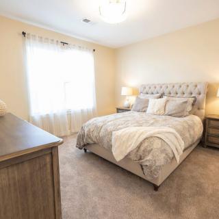 A cozy and elegantly decorated bedroom with soft lighting.