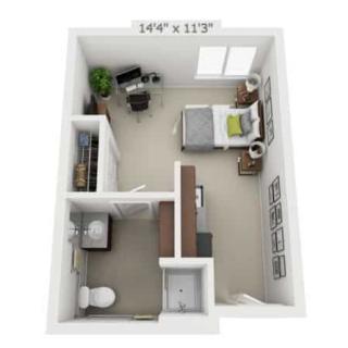 A 3D floor plan of a compact studio apartment with designated areas for sleeping, working, and a bathroom.