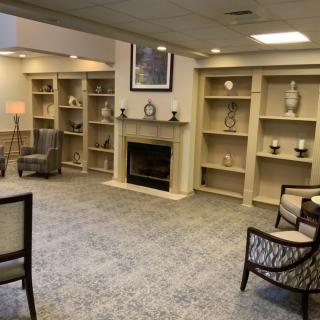 A cozy living room with a fireplace, surrounded by bookshelves and elegant decor.