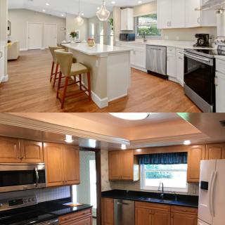 Comparison of two modern kitchens with different designs.