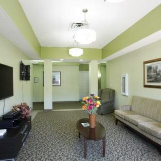 A cozy living room with a television, sofa, coffee table, and decorative elements.