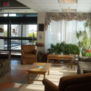 A cozy waiting room with comfortable seating, potted plants, and ample sunlight filtering through large windows.