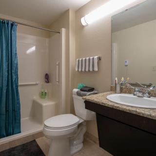 A modern bathroom with a shower, toilet, and sink.