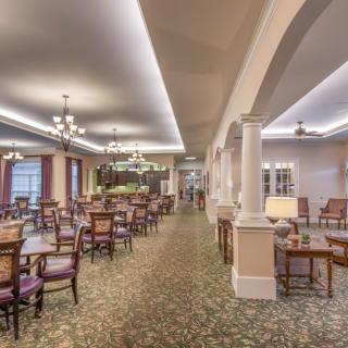 Spacious dining area with elegant furniture and lighting.