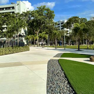 A well-designed urban park featuring pathways, manicured lawns, and lush greenery under a bright blue sky.