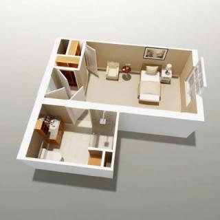 A 3D floor plan model featuring a bedroom and a bathroom.