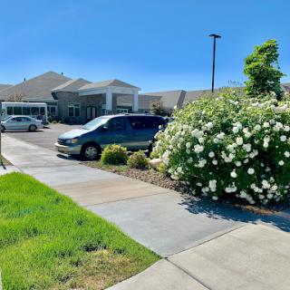 A sunny day at a facility with vibrant flowers and parked vehicles.