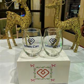 A stylish setup featuring decorative giraffes and elegant glassware.