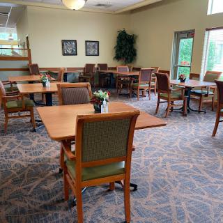 A spacious and well-lit dining area featuring wooden tables and chairs, complemented by decorative plants.