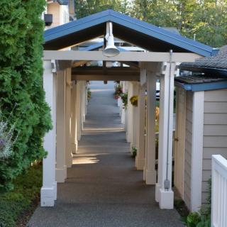 A wooden covered walkway leading through a garden area.