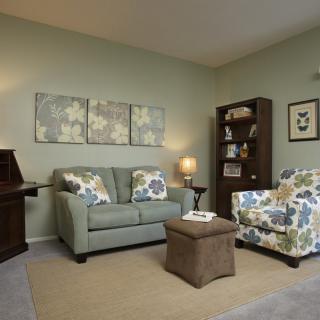 Cozy living room with a sofa, armchair, and decorative elements.