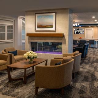 A cozy lounge area with modern seating around a central fireplace, accented by artwork and a carpeted floor.