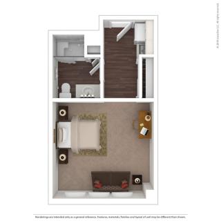 A floor plan of a studio apartment featuring a bedroom, bathroom, and entryway.