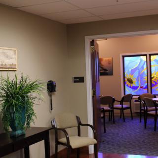 An inviting waiting room with seating, artwork, and a decorative plant.