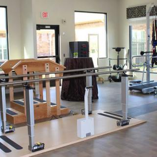 A well-equipped physical therapy and rehabilitation center featuring specialized exercise equipment.