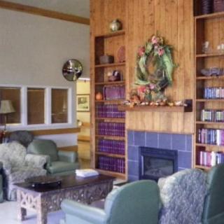 A cozy living room with a fireplace, bookshelves, and comfortable seating.