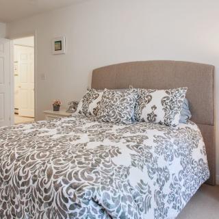 A cozy and modern bedroom featuring a bed with patterned bedding and neutral decor.