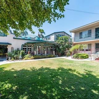 A sunny backyard with a well-maintained lawn and surrounding trees in a residential area.