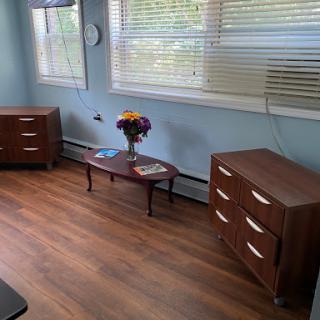 A well-lit living room featuring modern wooden furniture and a vase of flowers.