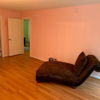 A cozy living room featuring a chaise lounge, soft pink walls, and warm wooden flooring.