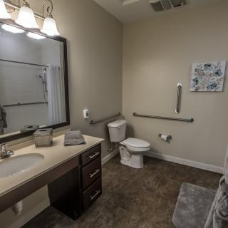 A modern accessible bathroom featuring a sink, toilet, and mirror, equipped with grab bars for safety.