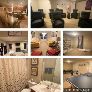Collage of different interior spaces including a living room, home theater, seating areas, a bathroom, and a recreation room with a game table.
