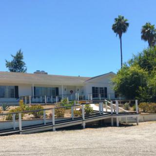 A sunny view of a house with palm trees in the background.